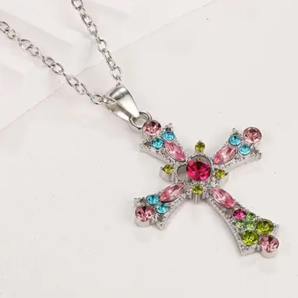 Pink Crystal Cross Pendant Necklace - Gothic Punk Style W/ Zirconia - Silvery - Picture 3 of 5